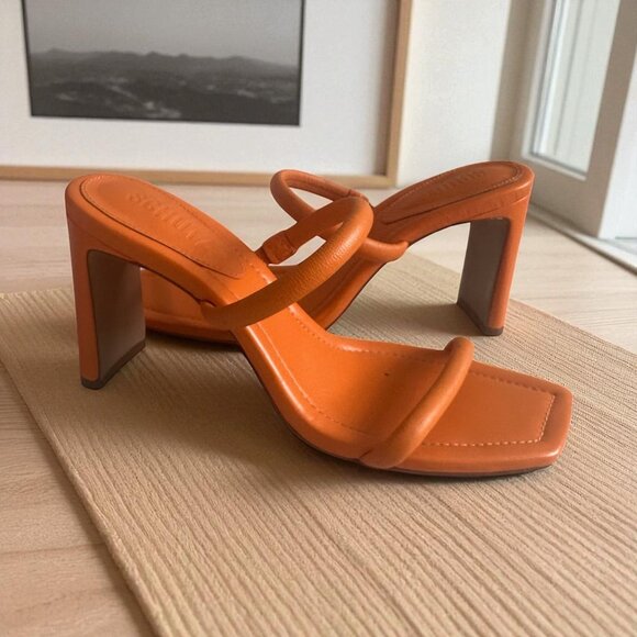 SCHUTZ Orange Leather Double Strap Sandals Heels Size 7.5 - Picture 1 of 11